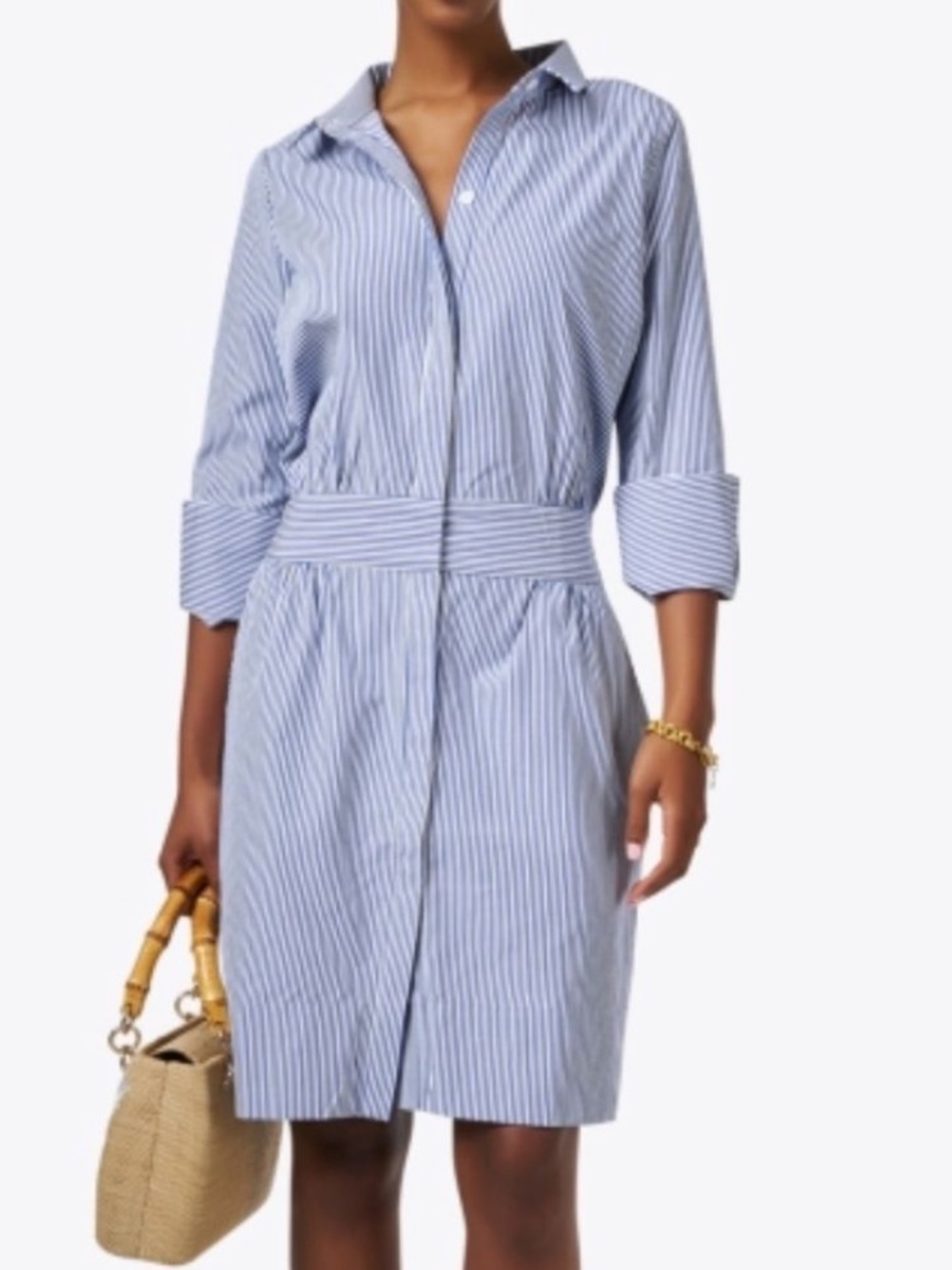 Gretchen Scott Striped Breezy Blouson Shirt Dress Button Front Preppy Blue White